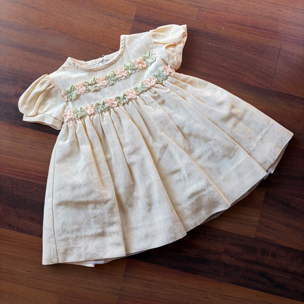 Sylvia Whyte Saks Fifth Avenue Vintage Baby Girl Yellow Rosette Dress 12M